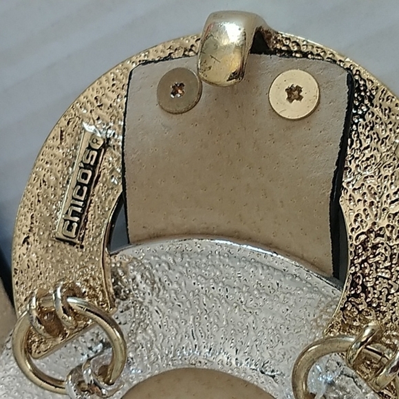 Chico's Distressed Bronze Silver tone Disc Belt Black Leather Adjustable - Picture 2 of 10